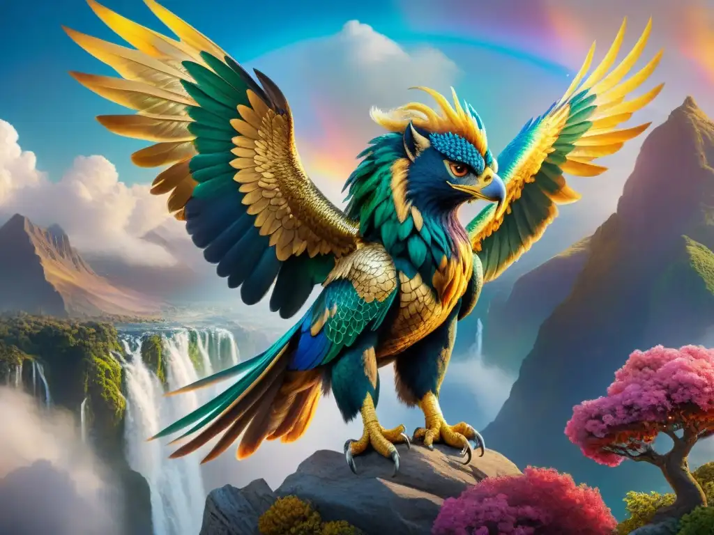 Dos fascinantes criaturas aladas mitológicas surcan un cielo vibrante y etéreo