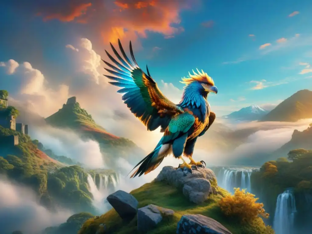 Dos fascinantes criaturas aladas mitológicas danzan en un cielo místico y vibrante