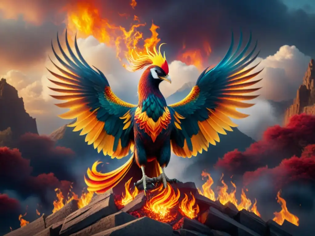 Majestuoso fénix en llamas: imagen ultradetallada 8k Un fénix majestuoso emerge de llamas, plumaje vibrante en tonos de fuego