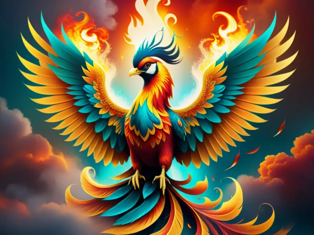 Phoenix majestuoso en llamas vibrantes Un fénix majestuoso se eleva de llamas vibrantes, sus plumas iridiscentes brillan con una luz mágica