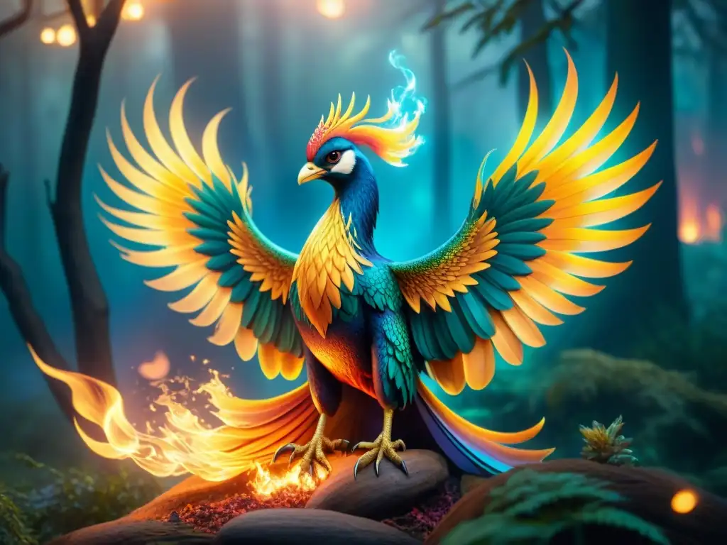 Fénix majestuoso emerge de las llamas vibrantes Un fénix majestuoso emerge de llamas vibrantes, rodeado de seres míticos que fomentan la lectura en jóvenes