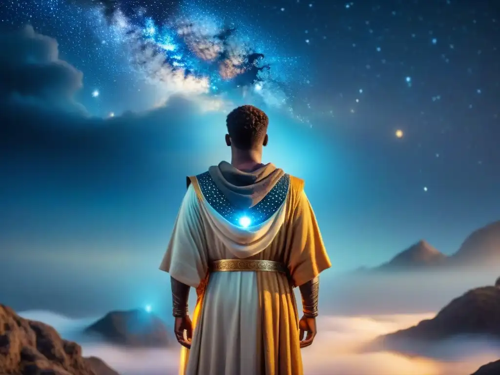 Ser estelar: la sabiduría cósmica en tu mano Figura celestial mitad humana y mitad estelar sobre nebulosa brillante, emanando poder y sabiduría cósmica, en historias de magia celestial