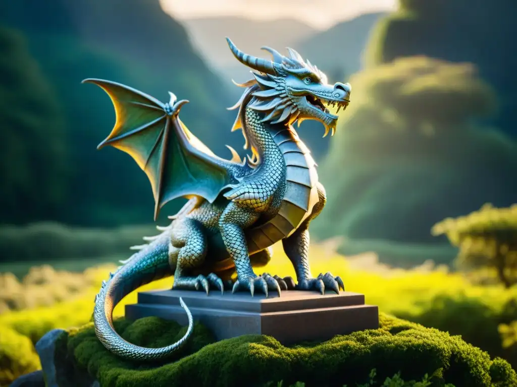 Estatua de dragón plateado con detalles épicos Figura coleccionable de un dragón plateado detallado rodeado de mitos y batallas épicas