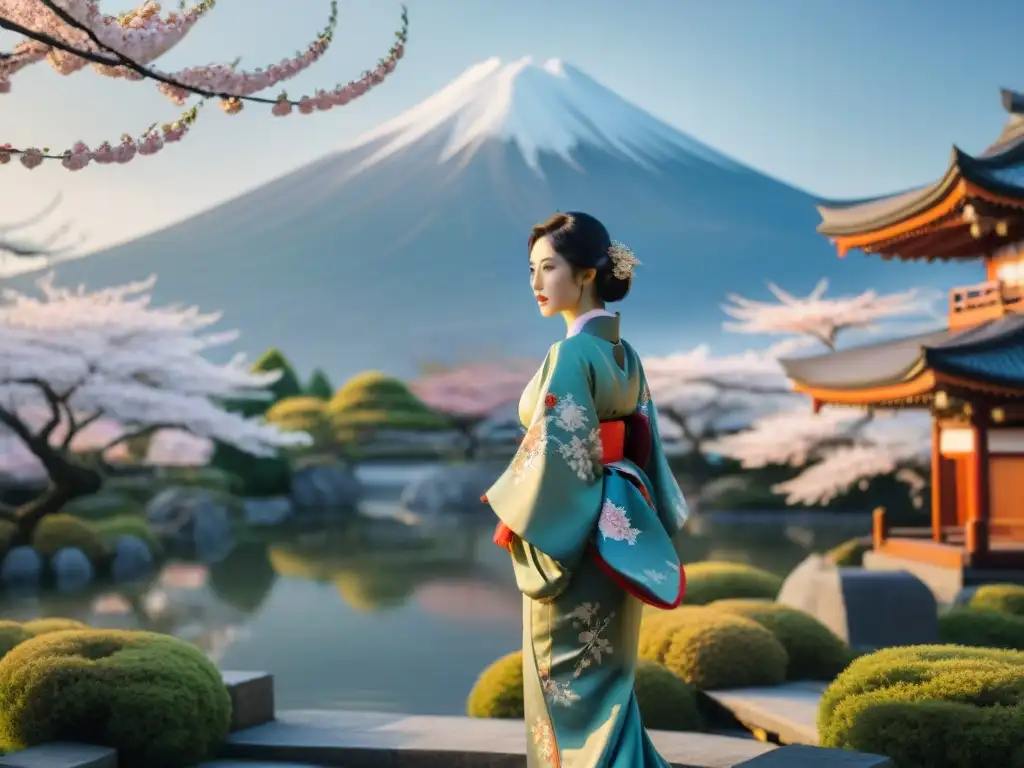 Figura en kimono en jardín japonés con dragón y Fuji Una figura en kimono con elementos míticos en un jardín japonés
