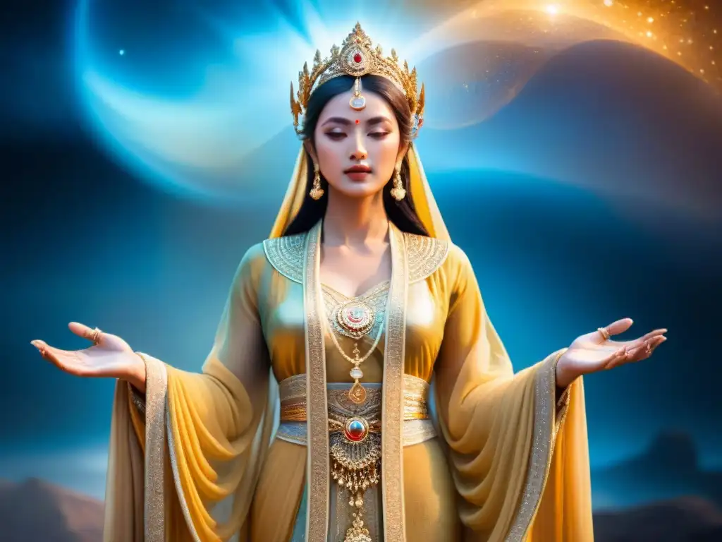 Figura majestuosa de una deidad con piel dorada, velo divino y fondo celeste estrellado