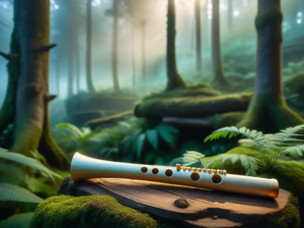 Flauta ósea tallada suspendida en bosque místico con brillo etéreo, evocando conexión sobrenatural