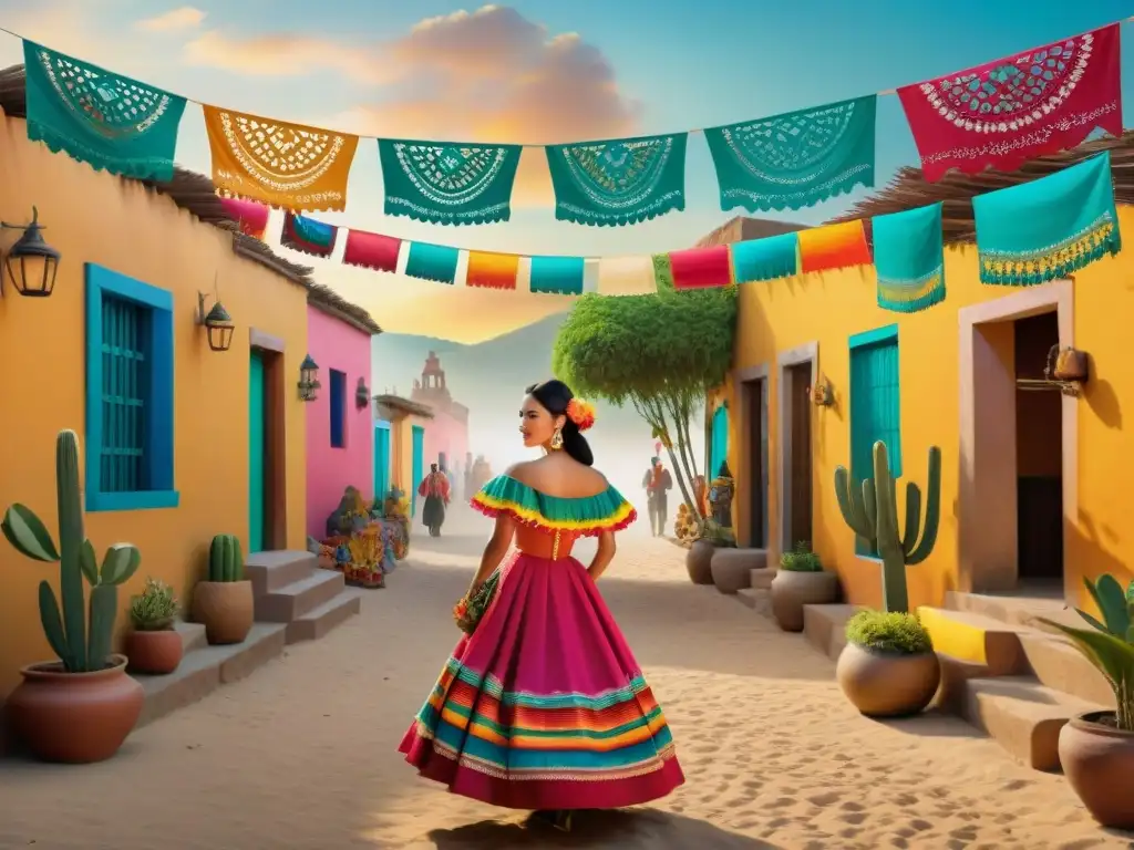 Mercado mexicano: papel picado, mariachis y alegría Animación de folklore mexicano: mercado vibrante con papel picado, músicos mariachi y esqueletos de papel maché bailando alegres al atardecer dorado
