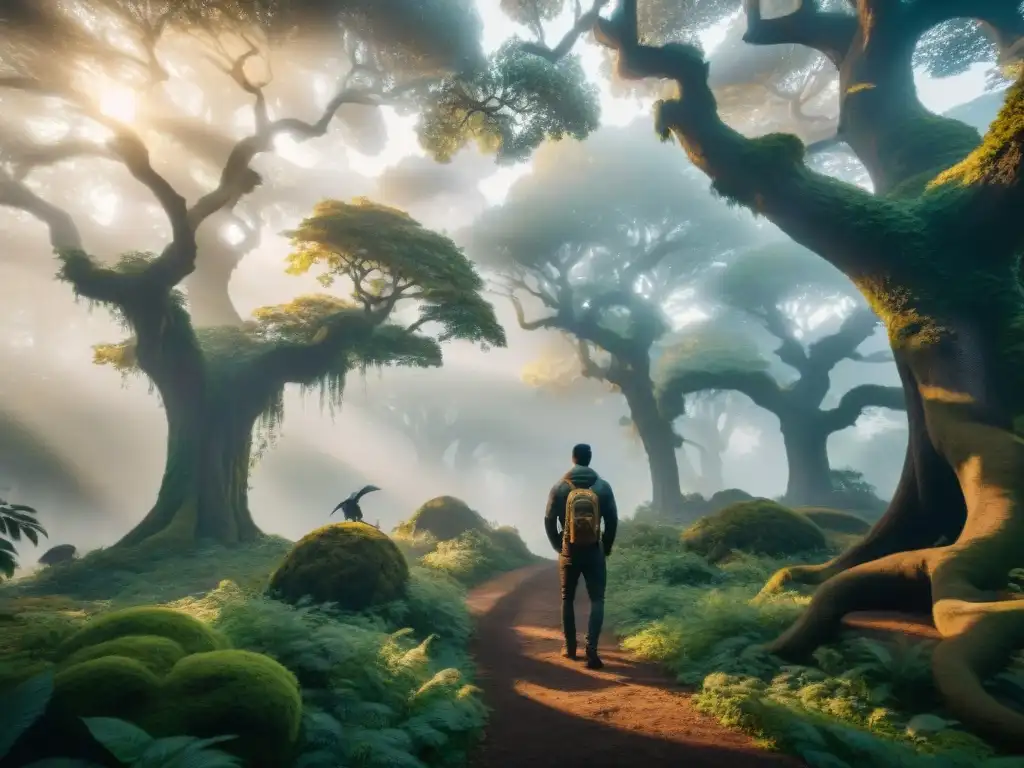 Fotógrafo captura criatura mítica en bosque mágico al atardecer Un fotógrafo moderno captura a seres fantásticos en un bosque místico al atardecer