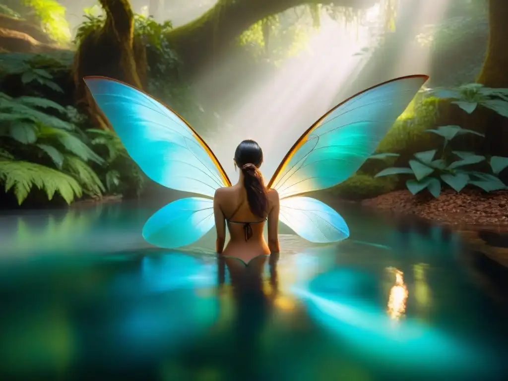 En el frondoso bosque encantado, ninfas digitales rodean un estanque de datos brillantes, fusionando mitología en diseño de videojuegos