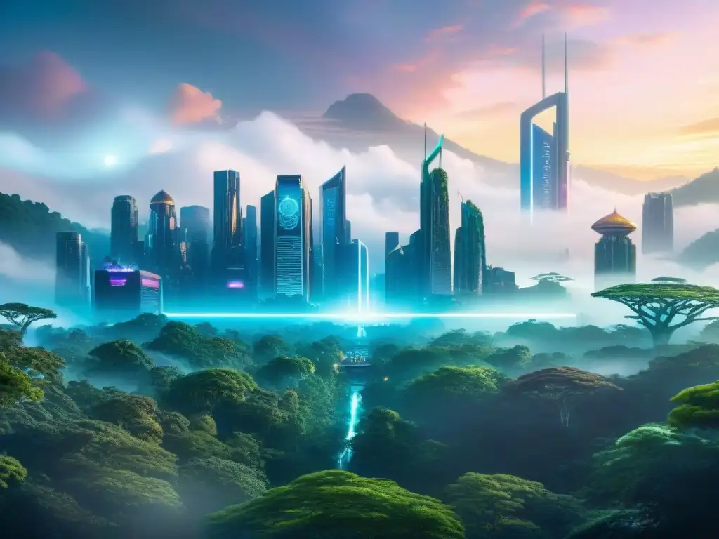Metrópolis futurista fusionada con bosque místico Una fusión visual impactante: una ciudad moderna se mezcla con un bosque místico, creando un escenario único