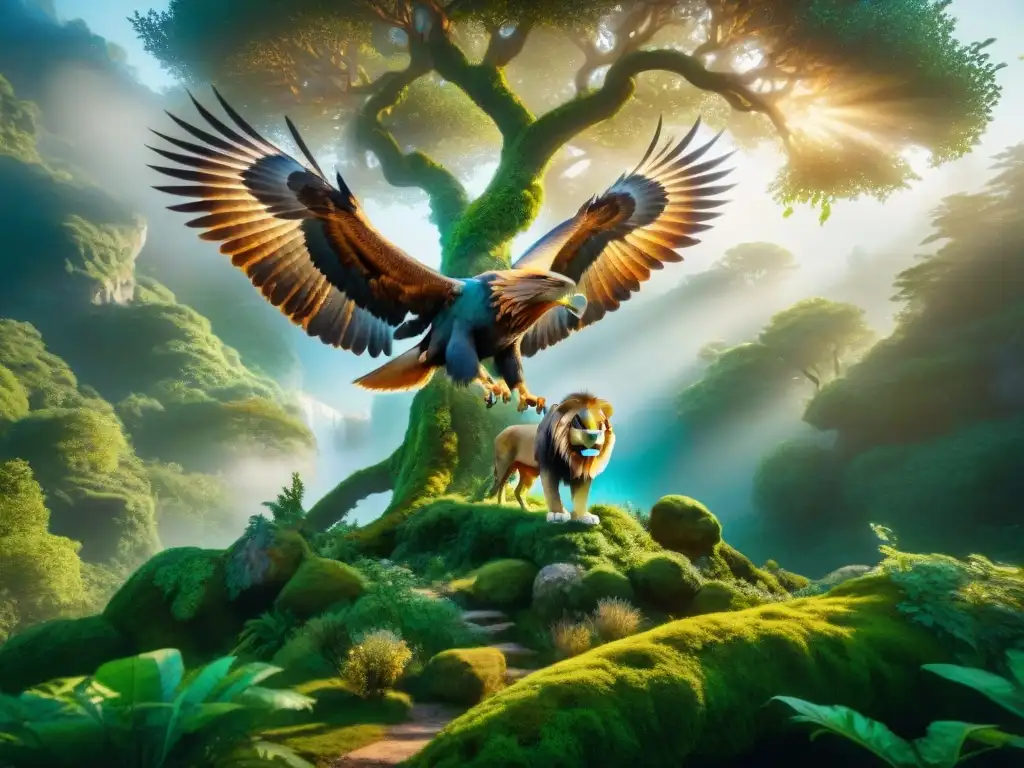 Un Grifo majestuoso vuela entre árboles antiguos y arroyos brillantes en un bosque místico