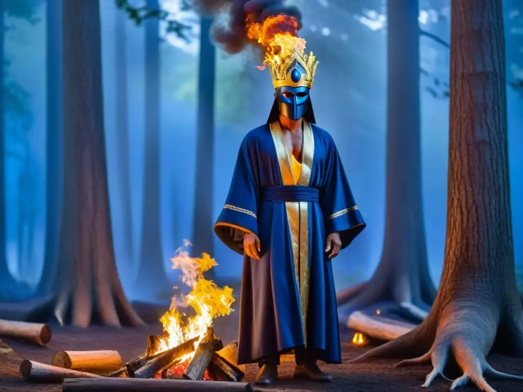 Conclavo místico junto al fuego en el bosque encantado Un grupo de antiguos hechiceros en peregrinaje, rodeados de misterio y magia en el bosque