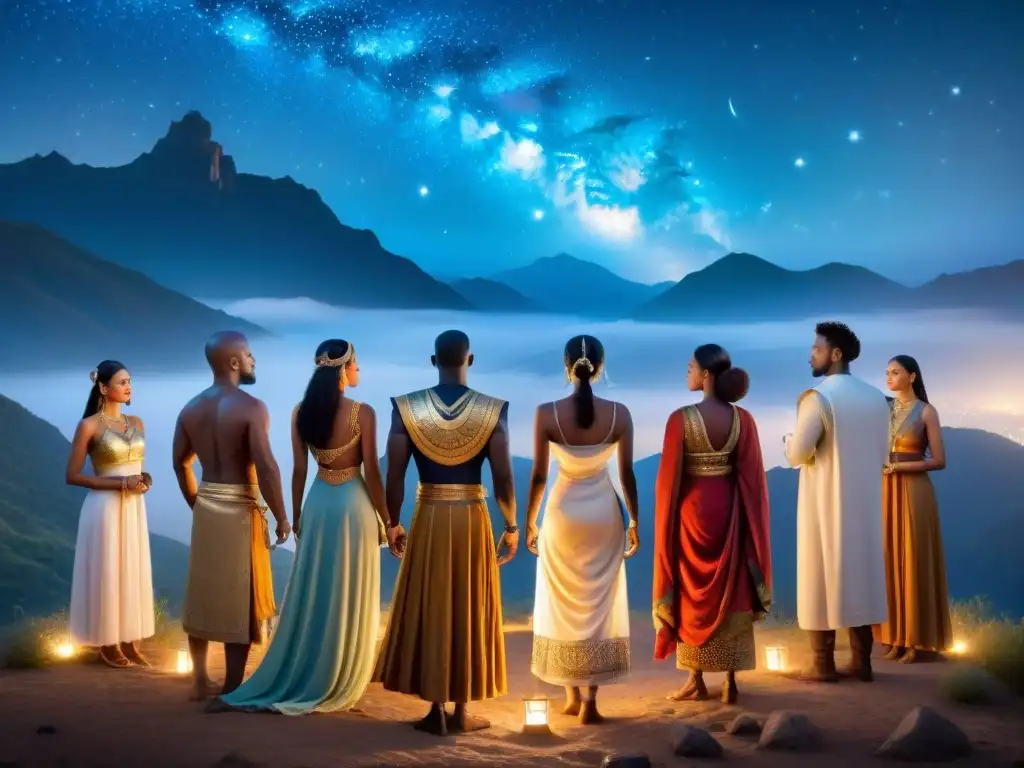 Dioses del mundo: jóvenes diversos bajo el cielo estrellado Un grupo de jóvenes diversos personificando dioses de distintas mitologías, unidos bajo el cielo estrellado