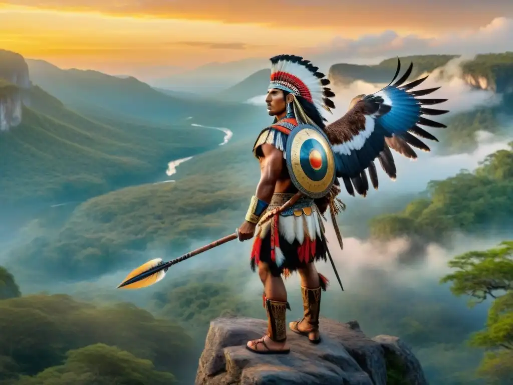 Guerrero indígena en acantilado con bosque místico al fondo Un guerrero indígena en lo alto de un acantilado, con armadura de plumas y piel, sosteniendo una lanza de obsidiana