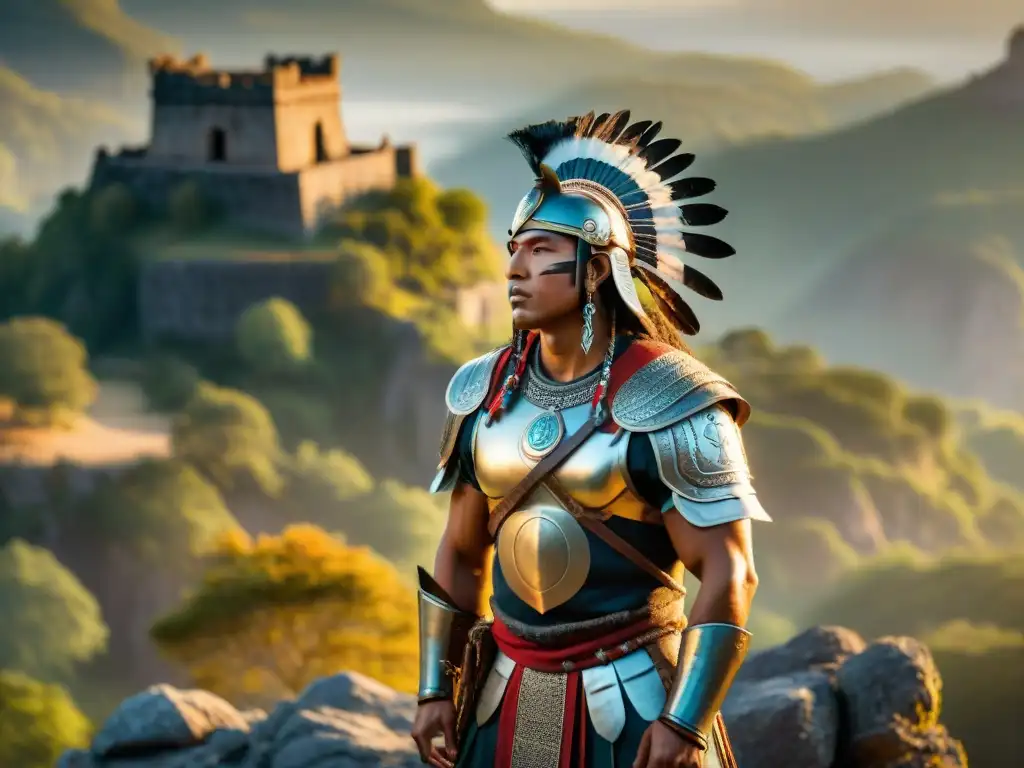 Guerrero indígena noble en paisaje místico: valor y sabiduría Un guerrero indígena en armadura tradicional, reflejando valor y virtud en un paisaje místico