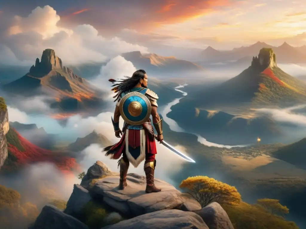 Guerrero indígena en acantilado: valor ancestral Un guerrero indígena de gran valor y virtud contempla un paisaje místico, rodeado de poder y sabiduría