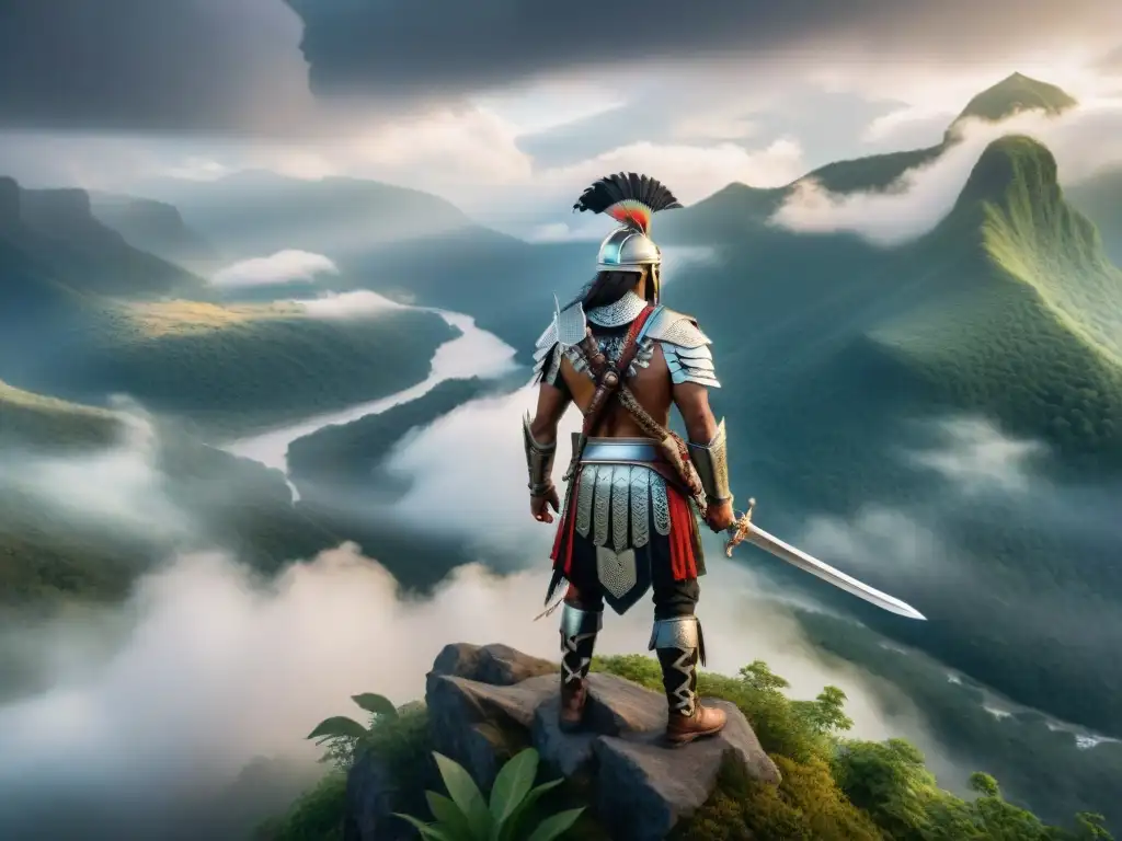 Guerrero indígena en cima de montaña, 8k ultradetallado Un guerrero indígena con marcas tribales y plumas, sosteniendo una espada, transmite valor y virtud en la cima de una montaña