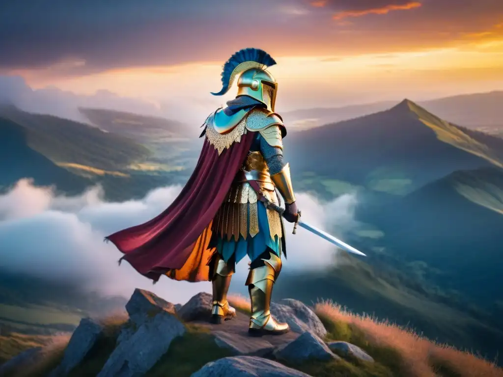 Guerrero místico con armadura de escamas iridiscentes Un guerrero majestuoso y valiente en armadura iridiscente, empuñando una espada mítica en una montaña al atardecer
