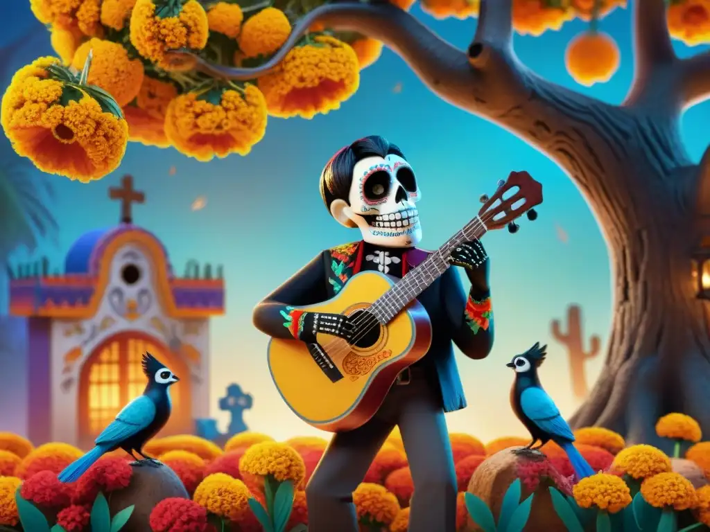 Magia de Coco: Miguel tocando guitarra bajo un árbol mágico Miguel de 'Coco' tocando guitarra bajo un árbol mágico con flores de cempasúchil, alebrijes y papel picado