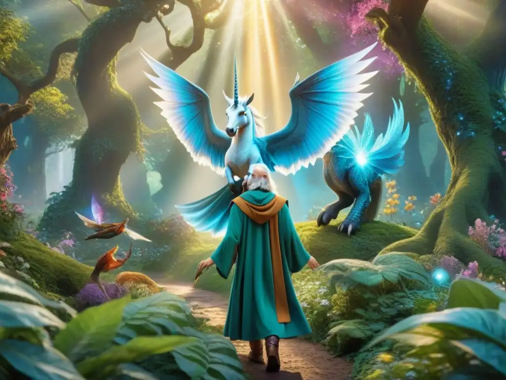 Merlín y criaturas mágicas en AR: un bosque encantado Un hechizante escenario de realidad aumentada en mitología, donde Merlin conjura criaturas míticas en un bosque encantado