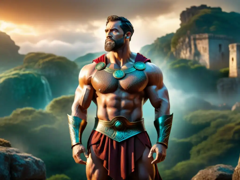 Hércules en lucha: la camisa envenenada de Nessus Hércules lucha con la túnica envenenada de Nessus, rodeado de paisajes míticos y personajes divinos