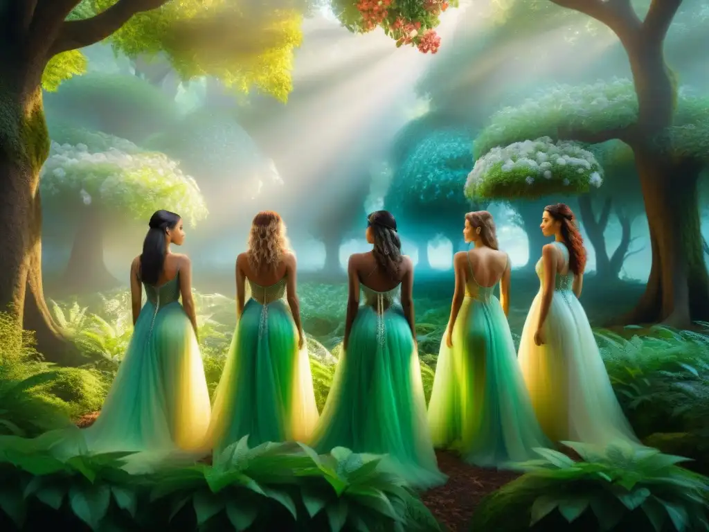 Hermosas ninfas etéreas flotan en un bosque místico