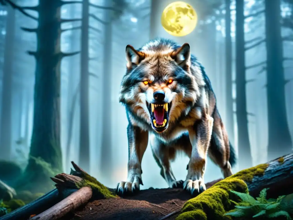 El aterrador aullido de un licántropo en el bosque lunar Un hombre lobo majestuoso y temible en un bosque iluminado por la luna, con su pelaje brillante y ojos amarillos hipnóticos