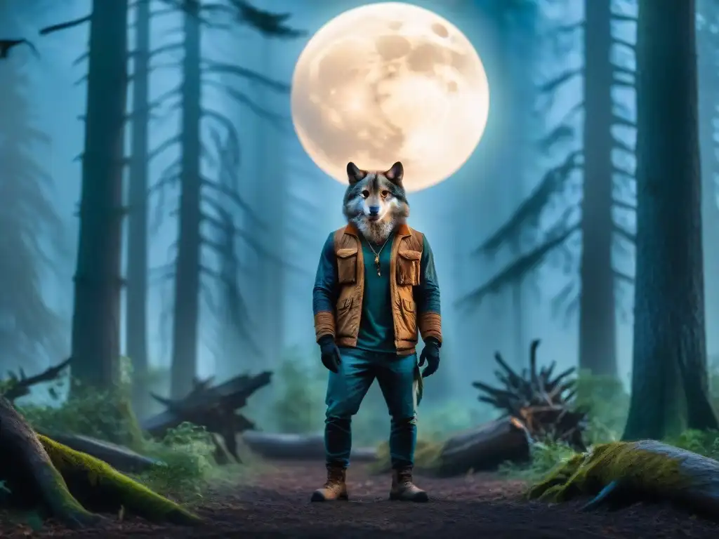 Noche de luna llena: transformación a lobo en bosque misterioso Hombre lobo en pintura cine: Escena misteriosa de un bosque nocturno con figura en transformación
