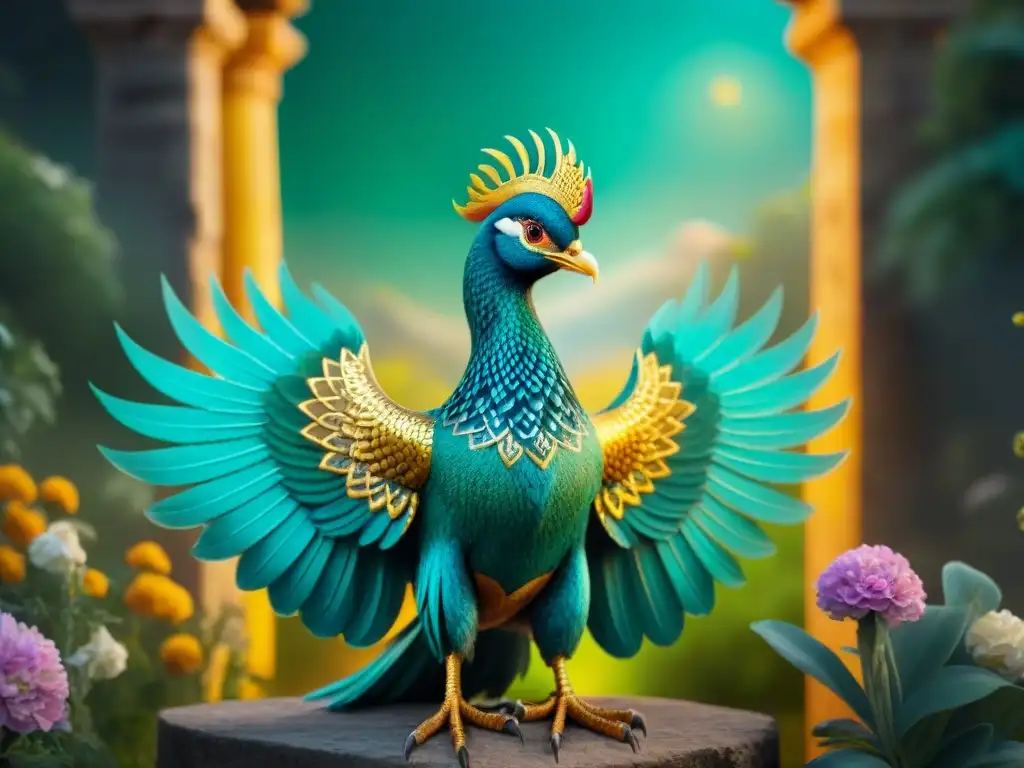 Una ilustración detallada del majestuoso Simurgh de la mitología persa, con plumas brillantes en tonos vibrantes de oro, turquesa y esmeralda