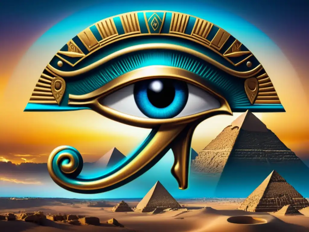 Majestuoso Ojo de Horus: simbología egipcia y poder místico Una ilustración detallada del Ojo de Horus, rodeado de jeroglíficos y símbolos místicos, emitiendo protección y divinidad