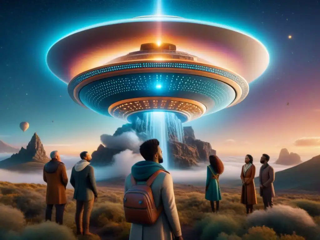 Una ilustración detallada de personas de diversas culturas maravilladas por una nave espacial brillante, en un paisaje místico