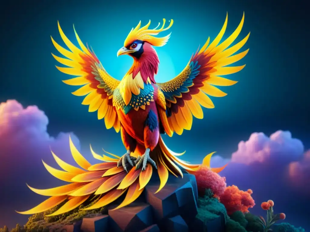 Phoenix digital con AR: un renacer mágico Imagen de un fénix majestuoso en un paisaje digital, con plumas brillantes de Realidad Aumentada y reflejos de Criaturas Míticas