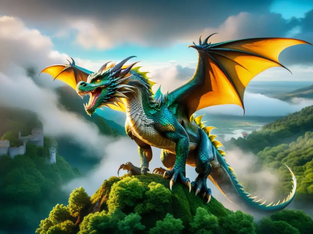 Dragón majestuoso surca los cielos en una escena épica Una imagen impresionante de un majestuoso dragón con escamas iridiscentes, surcando el cielo nublado