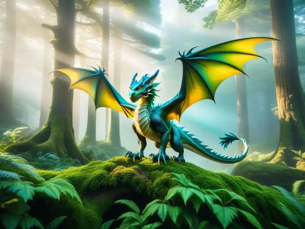Dragón majestuoso surcando un bosque místico Imagen de un majestuoso dragón surcando un bosque místico, sus escamas iridiscentes brillan bajo la luz filtrada entre los árboles antiguos