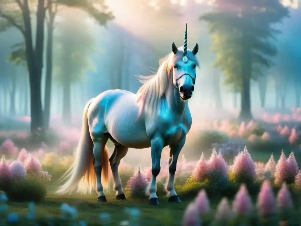 Unicornio místico en prado vibrante: arte 8k Imagen de un majestuoso unicornio en un prado vibrante, evocando la magia de los unicornios en la cultura contemporánea