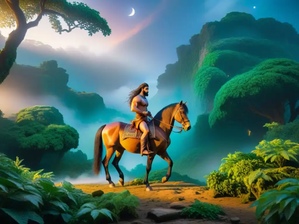Nessus el centauro: un retrato místico y vibrante bajo las estrellas Imagen de Nessus, el centauro mítico, en un bosque exuberante bajo un cielo estrellado