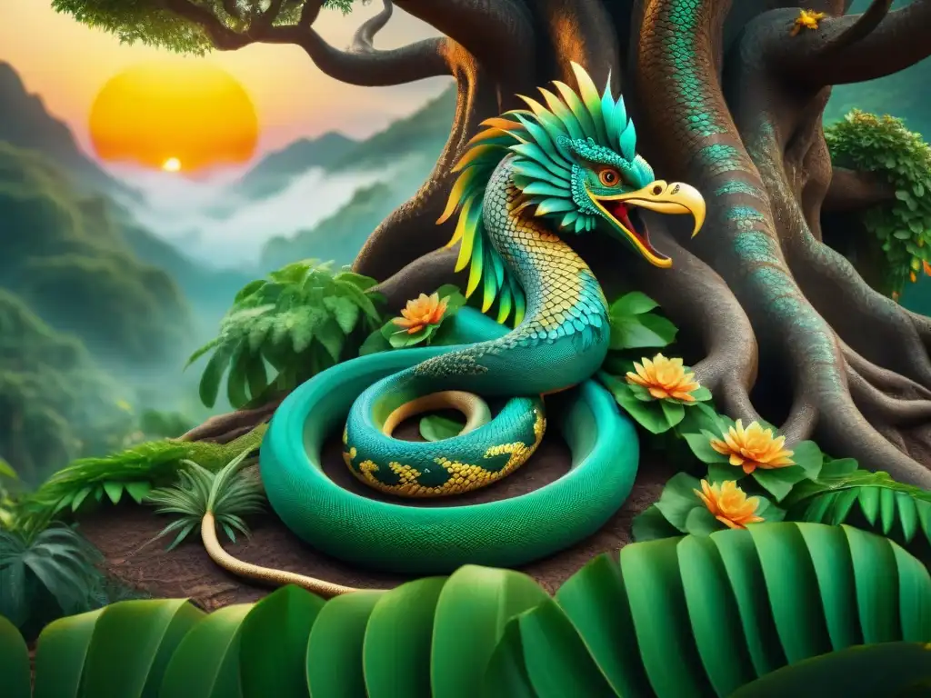 Quetzalcoatl: Serpiente emplumada en la selva Imagen de Quetzalcoatl, la deidad serpiente emplumada de la mitología azteca, rodeando un árbol sagrado en la exuberante selva