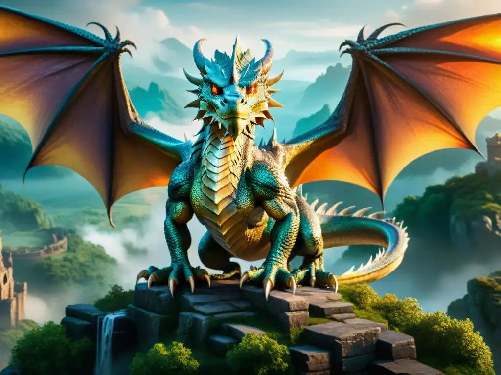 Dragón majestuoso: ilustración digital detallada Un imponente dragón con escamas iridiscentes sobrevuela ruinas antiguas