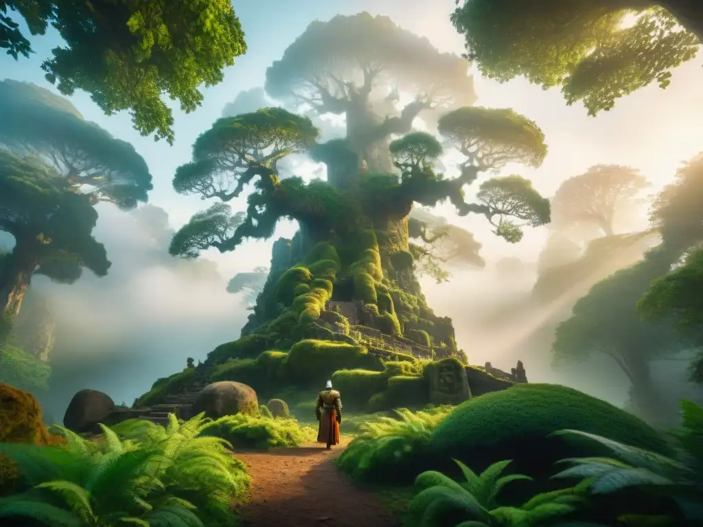 Majestuoso gigante ancestral en un bosque misterioso Imponente gigante emerge de bosque en niebla misteriosa