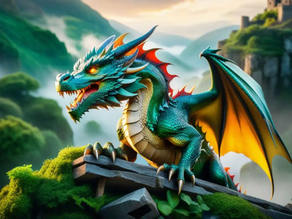 Dragón majestuoso en ruinas antiguas: poder y misterio Imponente dragón iridiscente en ruinas antiguas, evocando la reinvención criaturas cine moderno