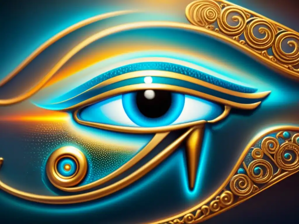 Ojo de Horus: ilustración detallada y vibrante con energía mística Imponente ilustración del Ojo de Horus, radiante y detallado, rodeado de energía mística y símbolos egipcios