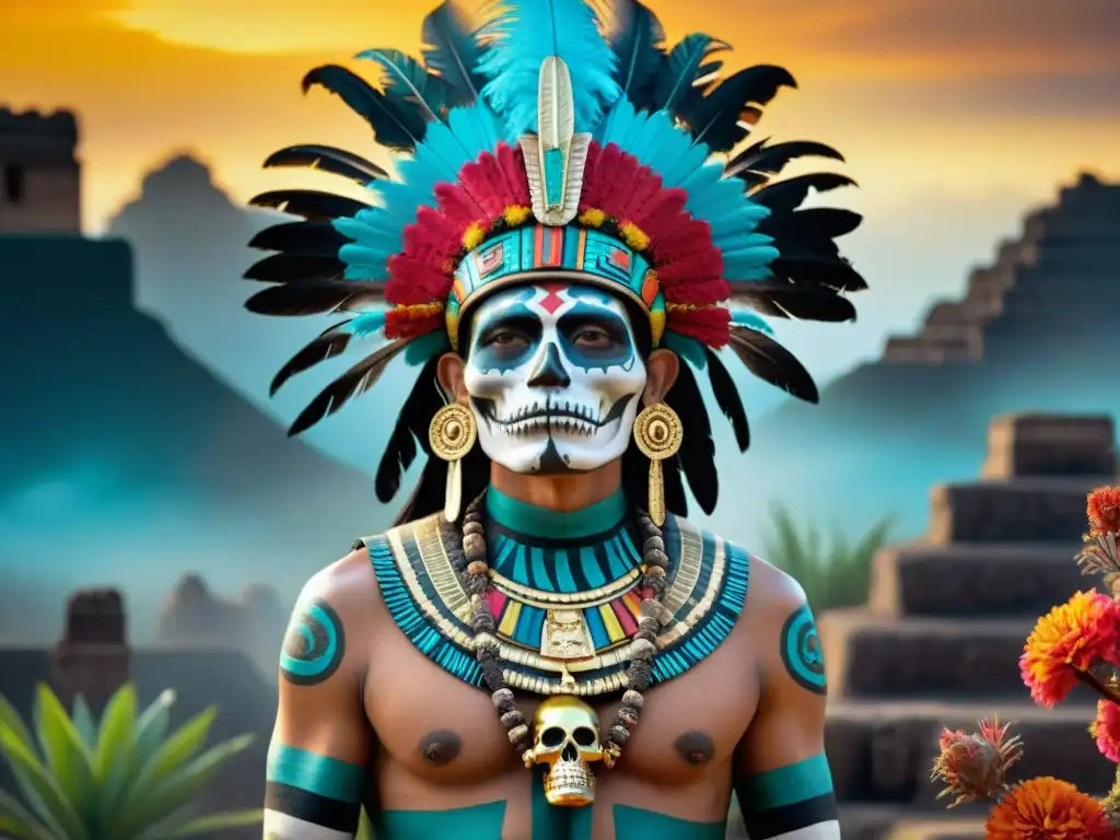 La imponente representación de la muerte en culturas: Mictlantecuhtli, dios azteca, en un paisaje místico con colores vibrantes y detalles detallados