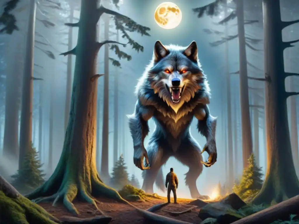 Retrato impactante de un hombre lobo emergiendo en la noche del bosque Impresionante pintura de un hombre lobo emergiendo en la oscuridad de un denso bosque bajo la luna llena, transmitiendo poder y tormento