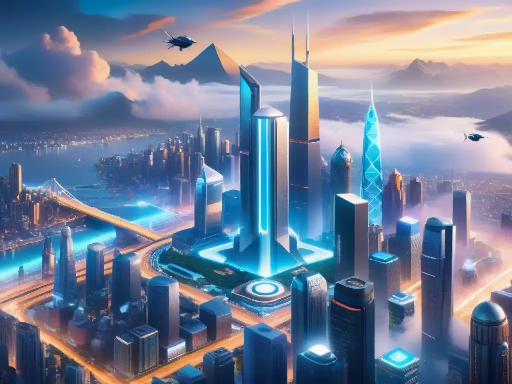 Metrópolis futurista: fantasía y tecnología en armonía Increíble ilustración de la ciudad futurista con criaturas legendarias en el siglo XXI