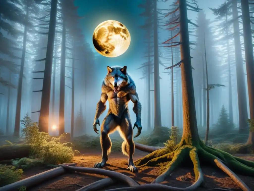 Transformación de hombre a hombre lobo en bosque nocturno Increíble pintura de un hombre lobo en plena transformación bajo la luz de la luna en un bosque nocturno