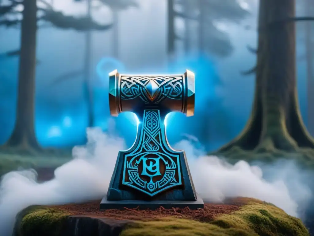Martillo de Thor: símbolos nórdicos en un bosque místico Influencia del Mjölnir en cultura: Detallada imagen del martillo de Thor, Mjölnir, con símbolos nórdicos, aura azul y niebla mística