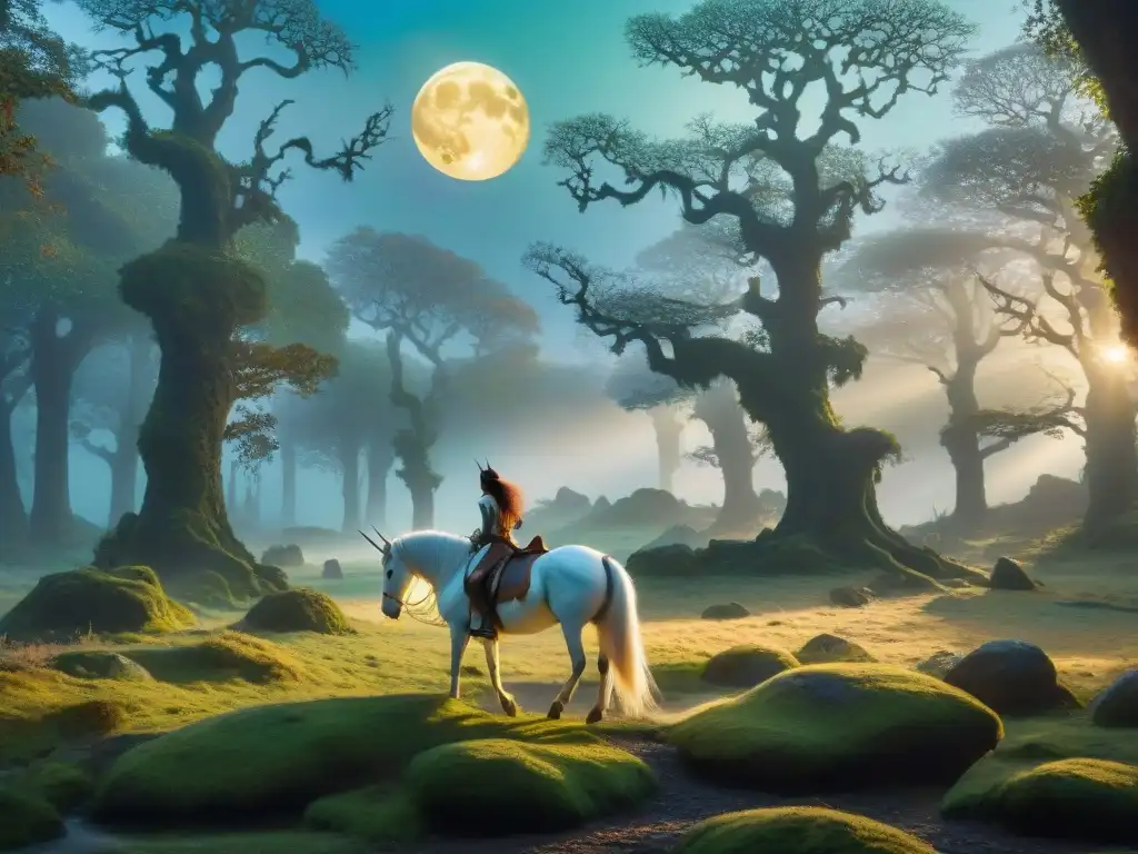 Influencia de seres fantásticos en la percepción de la realidad en un bosque etéreo con unicornio y dragón