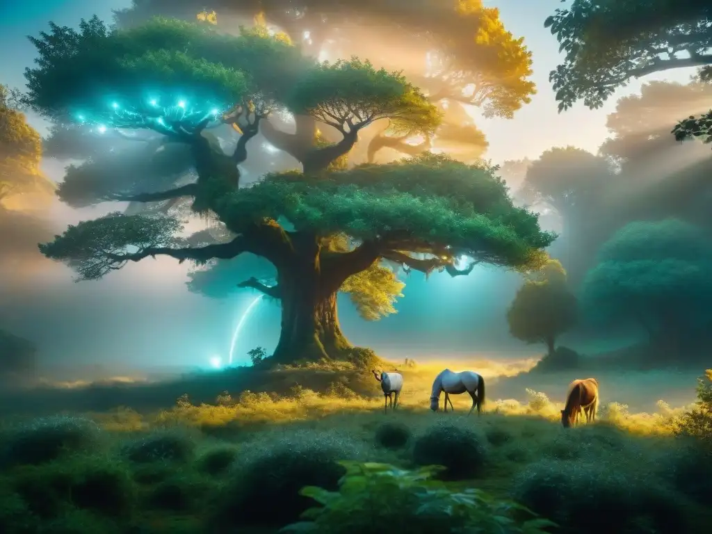 Influencia de seres fantásticos en la percepción de la realidad: mágico bosque nocturno con unicornio y luciérnagas