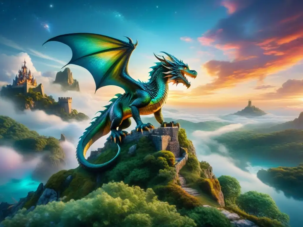 Influencia seres fantásticos realidad percepción: Un dragón majestuoso surca un cielo mágico entre galaxias y estrellas brillantes