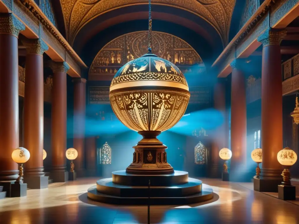 Majestuoso salón de reliquias mágicas Intrincada escena de objetos mágicos de la historia con un orbe brillante en un salón antiguo